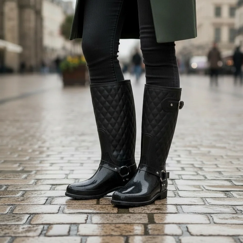 Stuart Weitzman Black Leather & Rubber Stirrup Rain Boots Size 39 (Size 8.5) - Picture 5 of 16